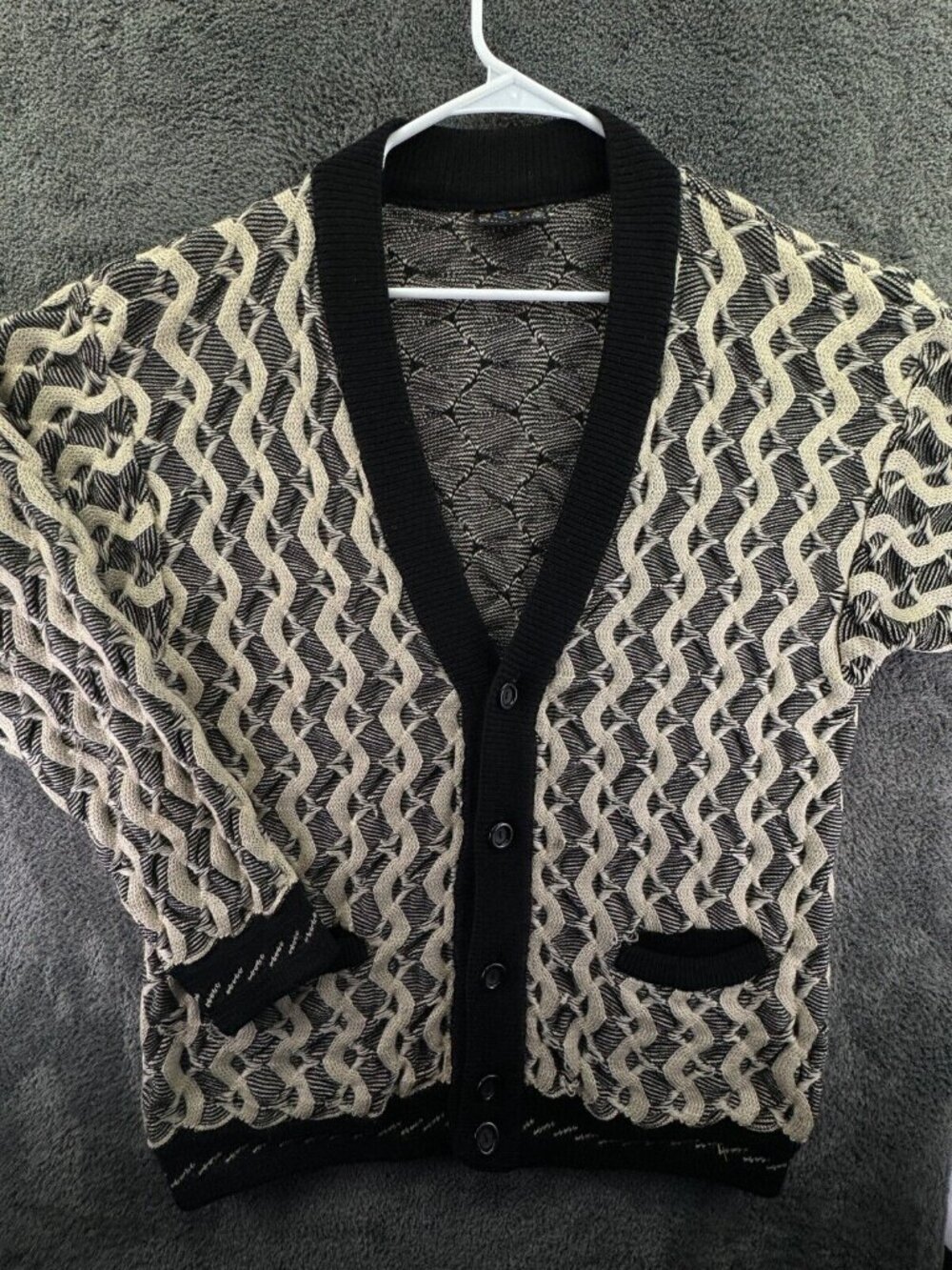 COOGI Australia Authentic Women Cardigan XL Pure Wool Ivory Black Buttons 3D